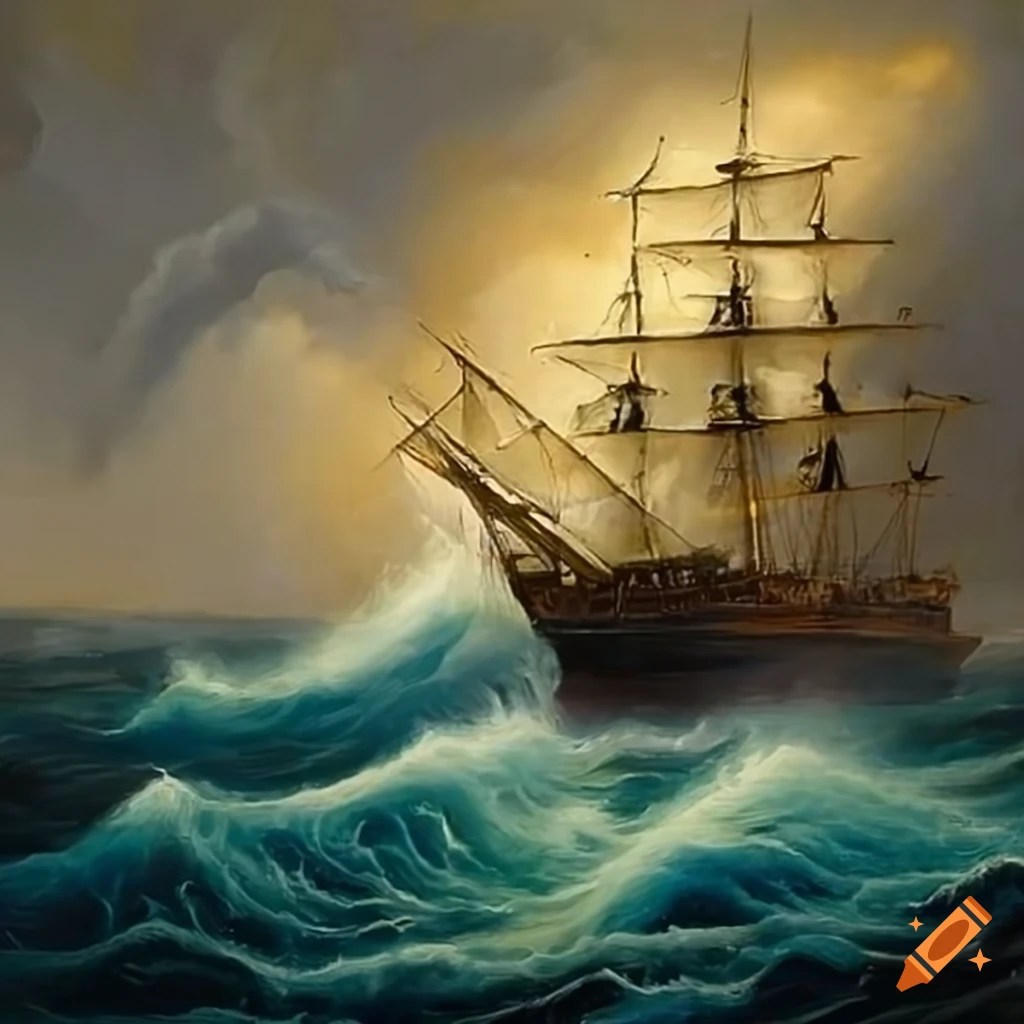 Oil painting of a ship in a violent storm
