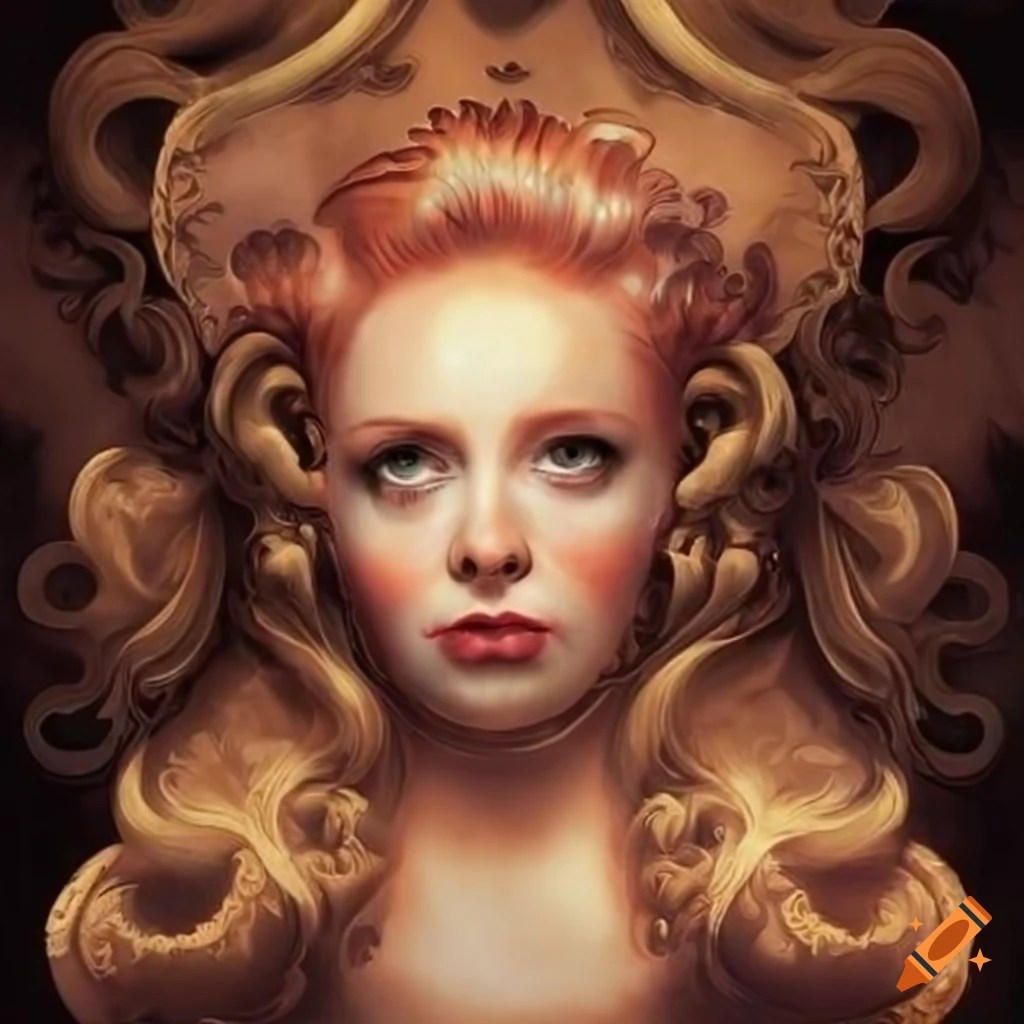 Surrealistic baroque decor with redhead hair spread out