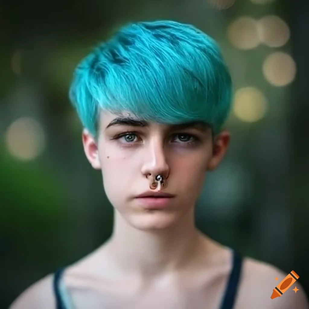 Image of a teenager with cyan hair and a piercing