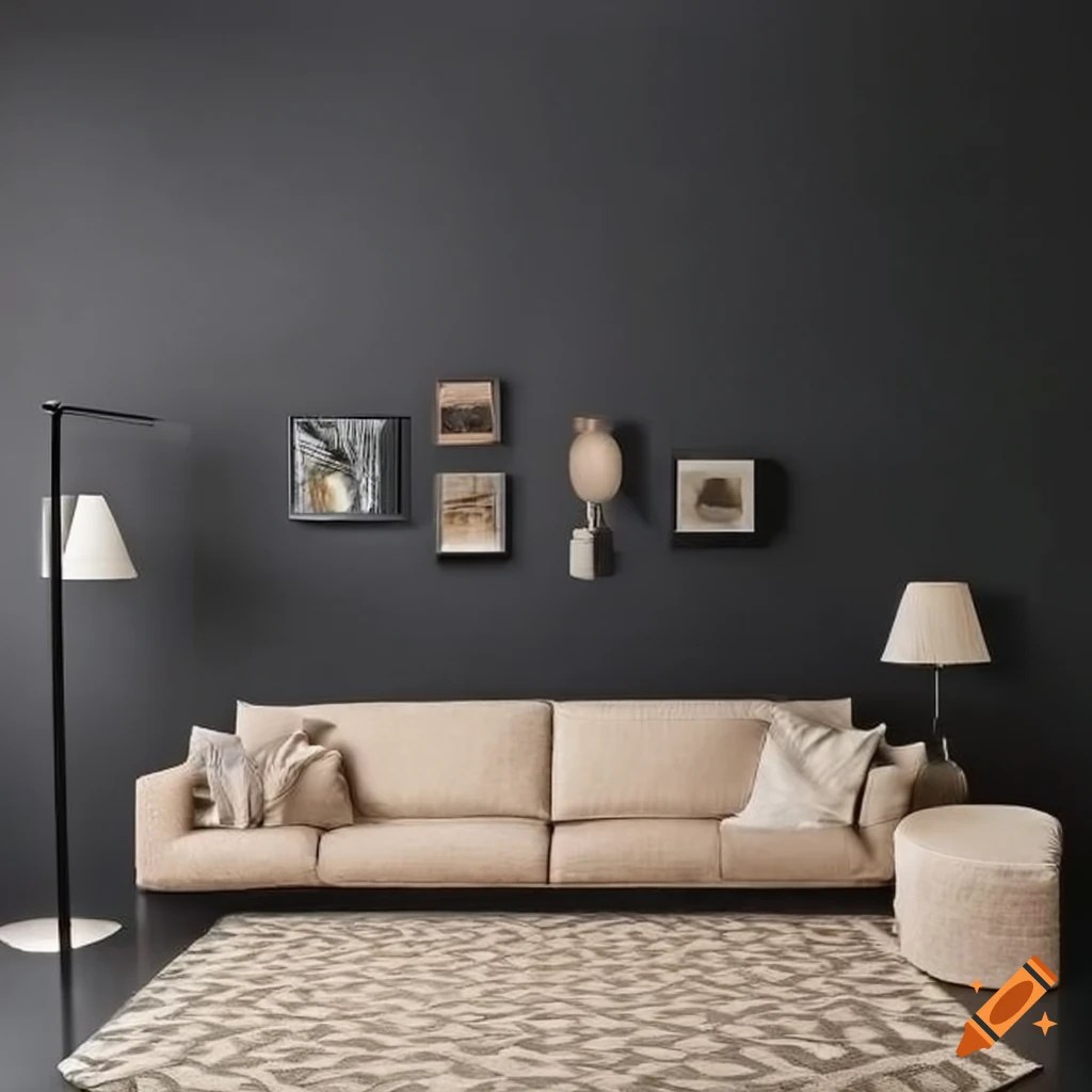 Modern living room with beige couch and black accents on Craiyon
