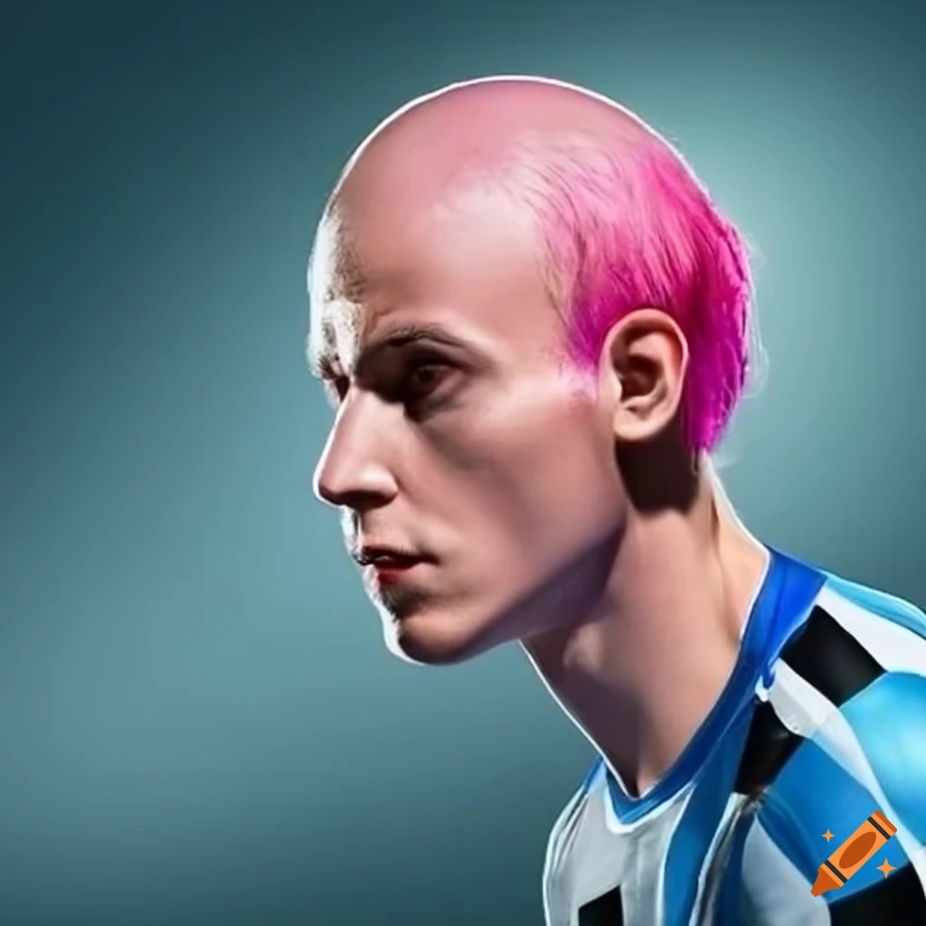 Soccer player with pink bald hair on Craiyon
