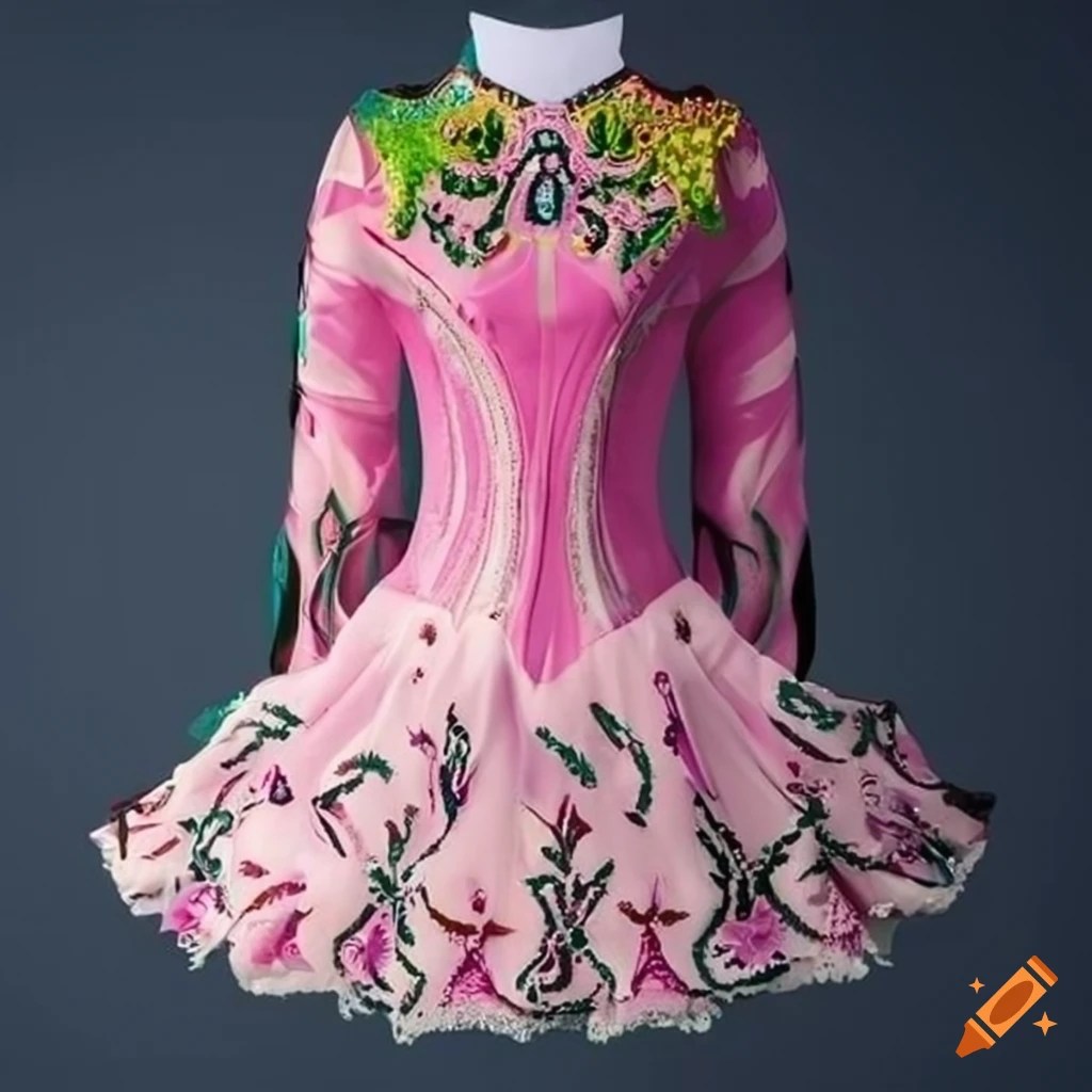 Blush pink and castletone green irish dance team dress on Craiyon