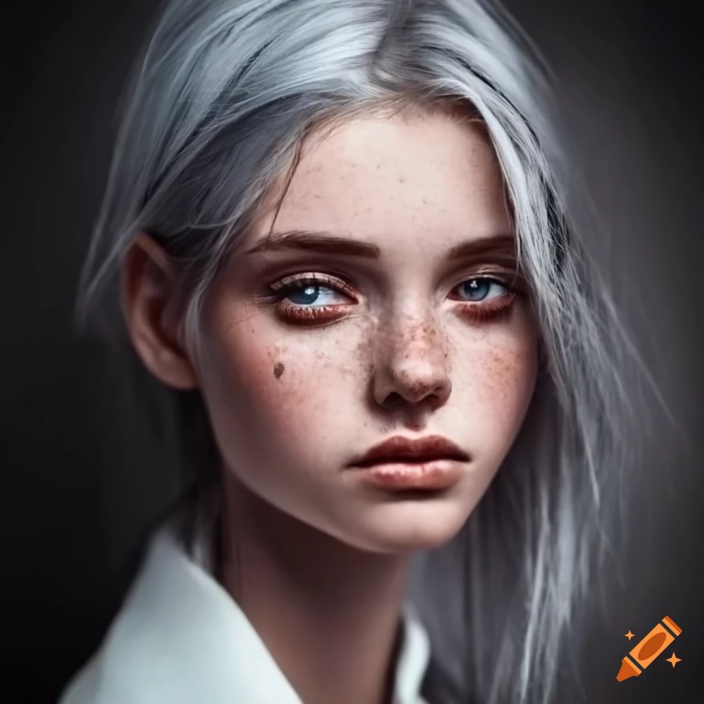 Portrait of a girl with long white hair and freckles