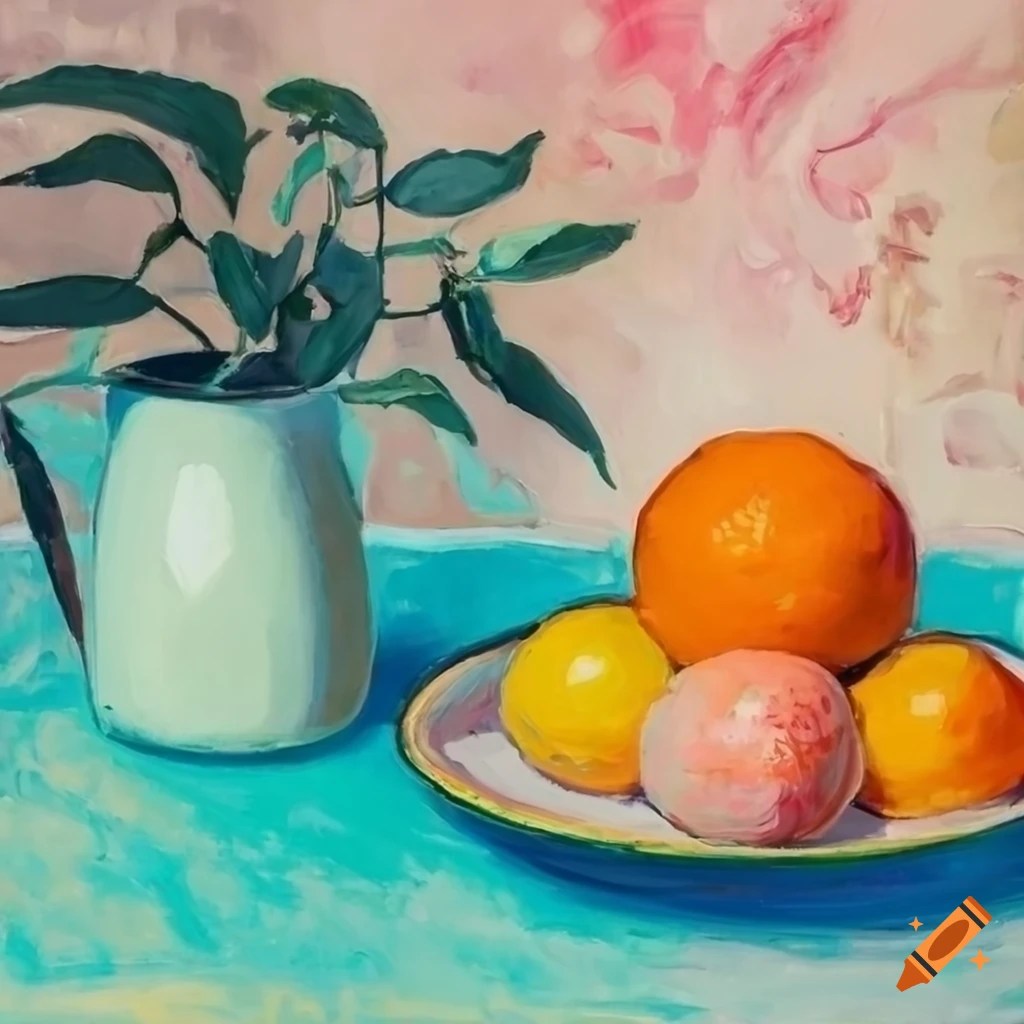 Vibrant still life artwork of tangerine and home plants on Craiyon