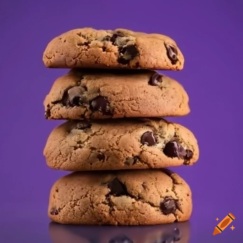 Stack of chocolate chip cookies on a light purple background on Craiyon
