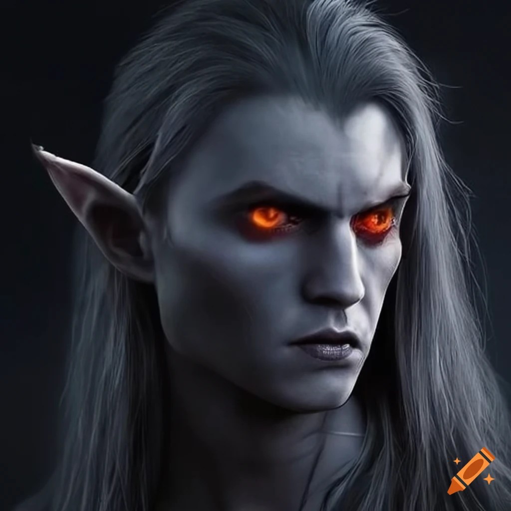 Portrait of a male dark elf with red eyes on Craiyon