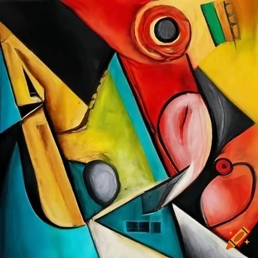 Black and white surrealistic art with red, yellow, and turquoise accents