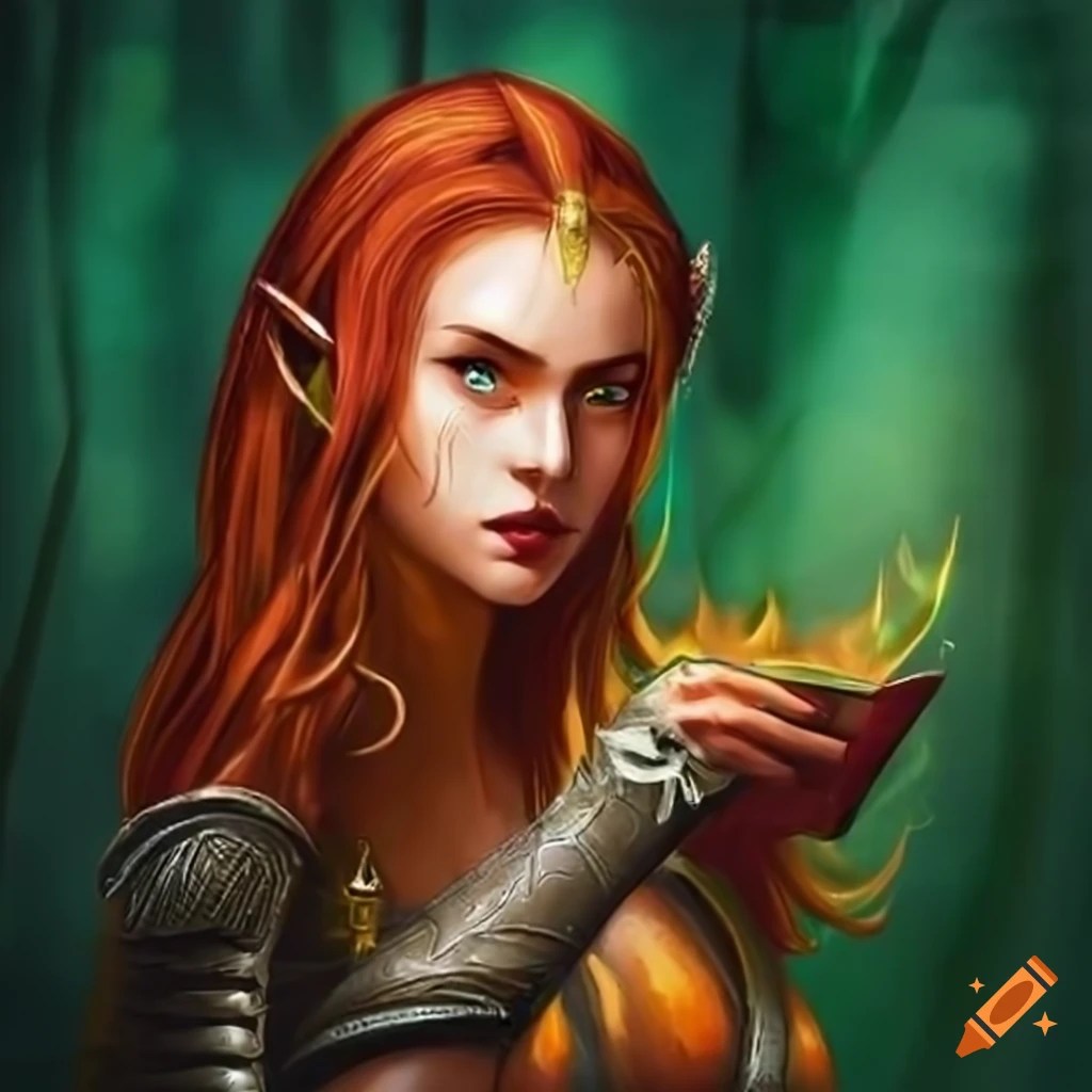 Illustration of a female high elf with red and gold hair on Craiyon