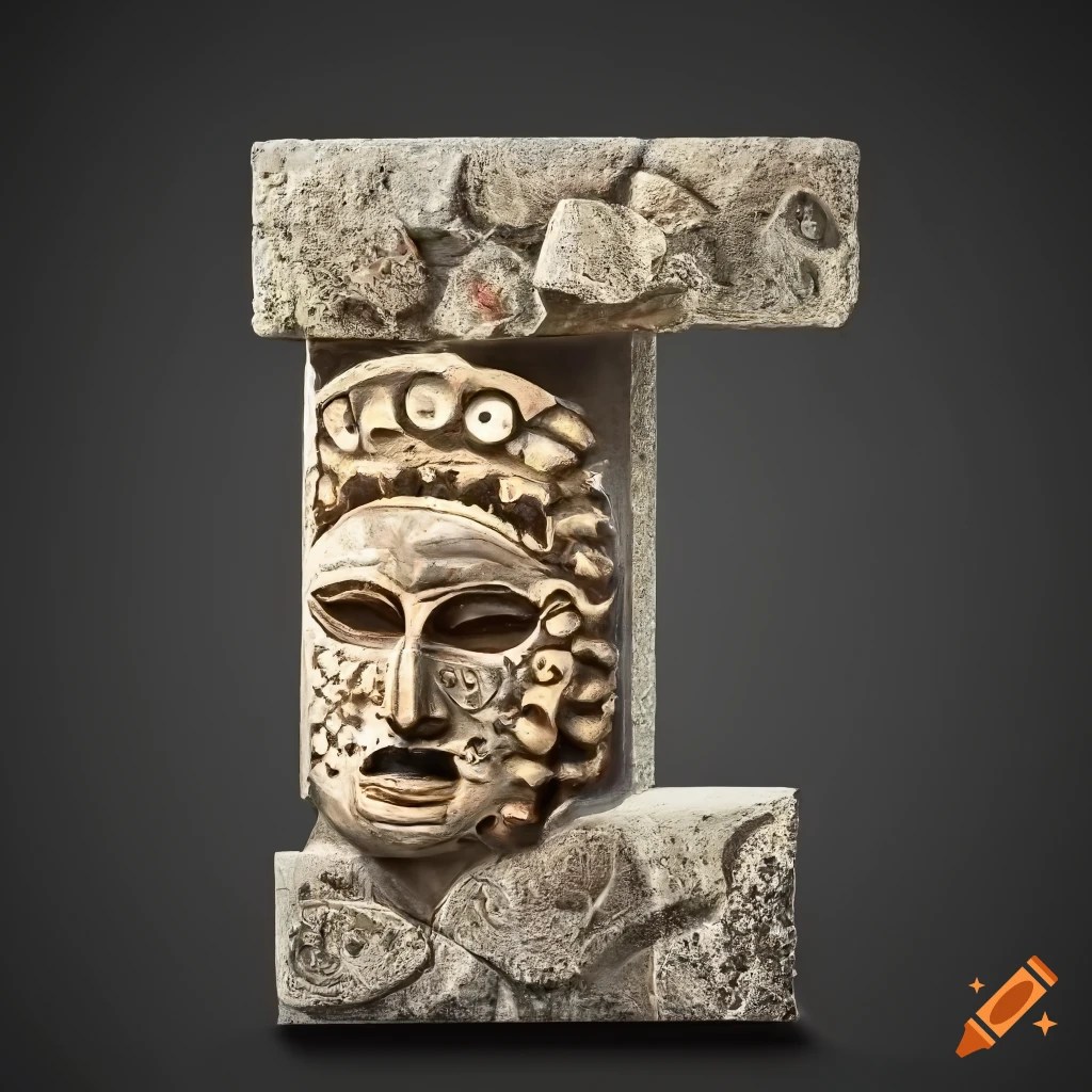 Ultra realistic stone letter 'm' with etruscan masks