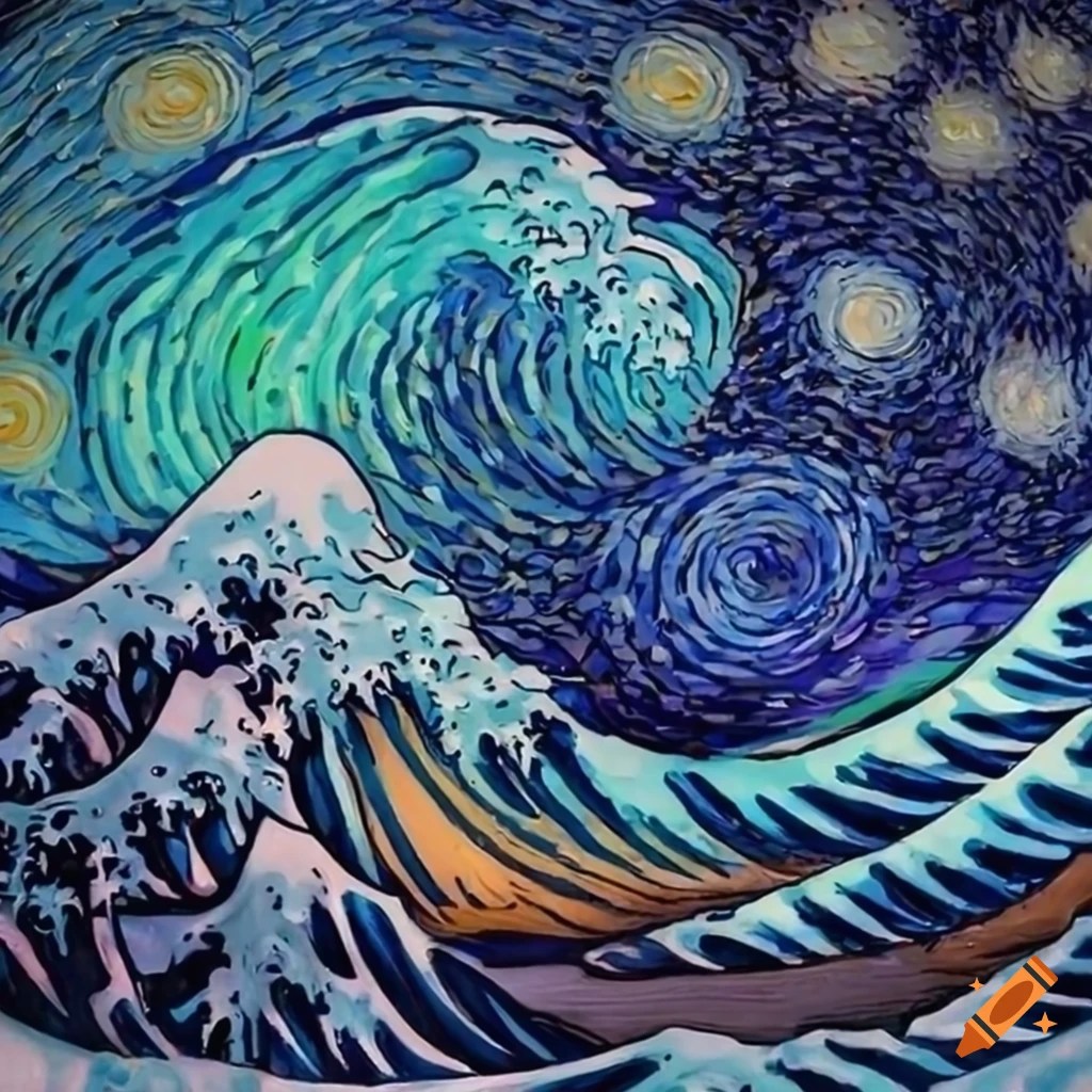 Colorful artwork inspired by starry night and the great wave