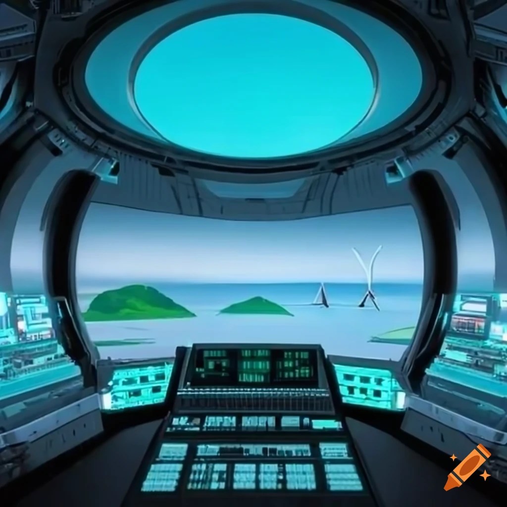 Futuristic control room with wind farm display