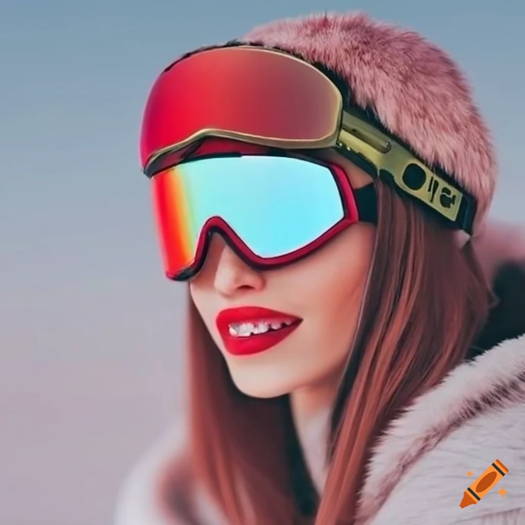 Girl skiing with red glasses and fur ski goggles