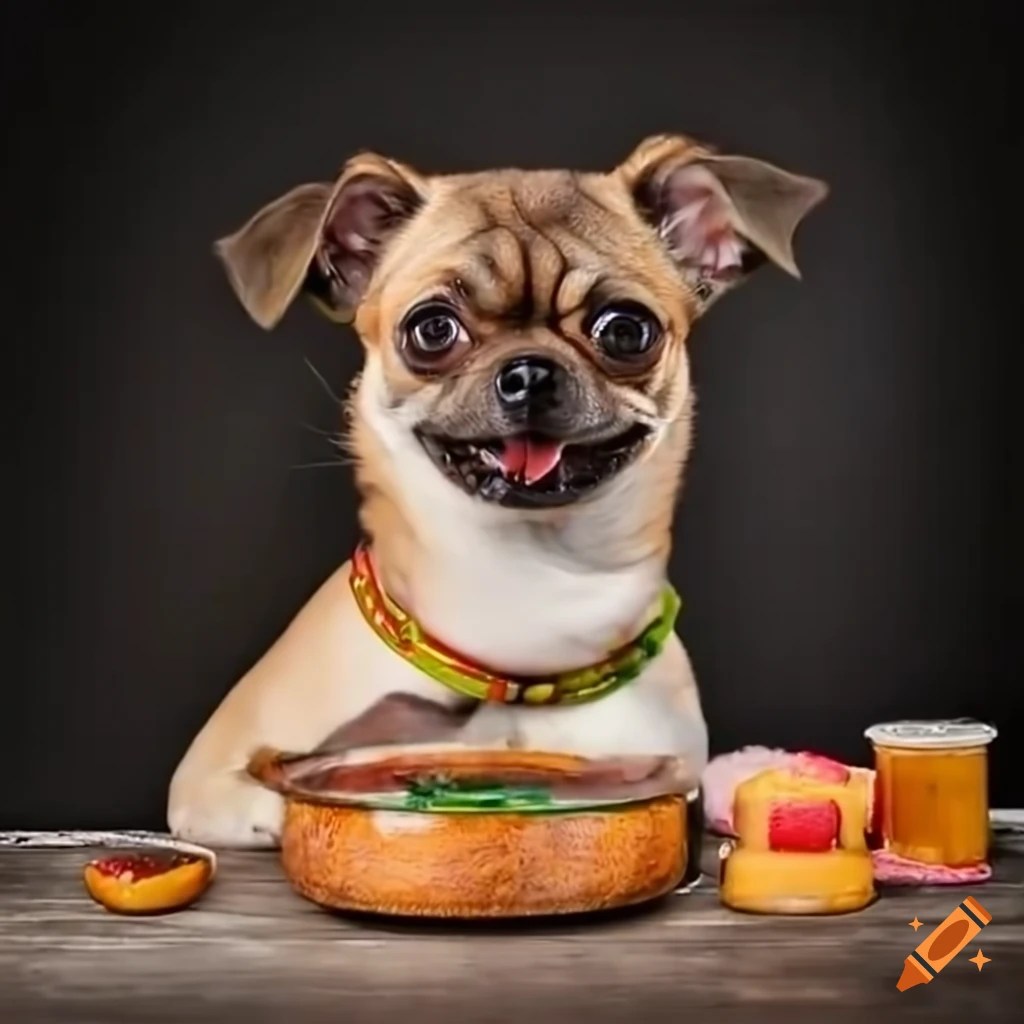 Funny dog with underbite cooking food