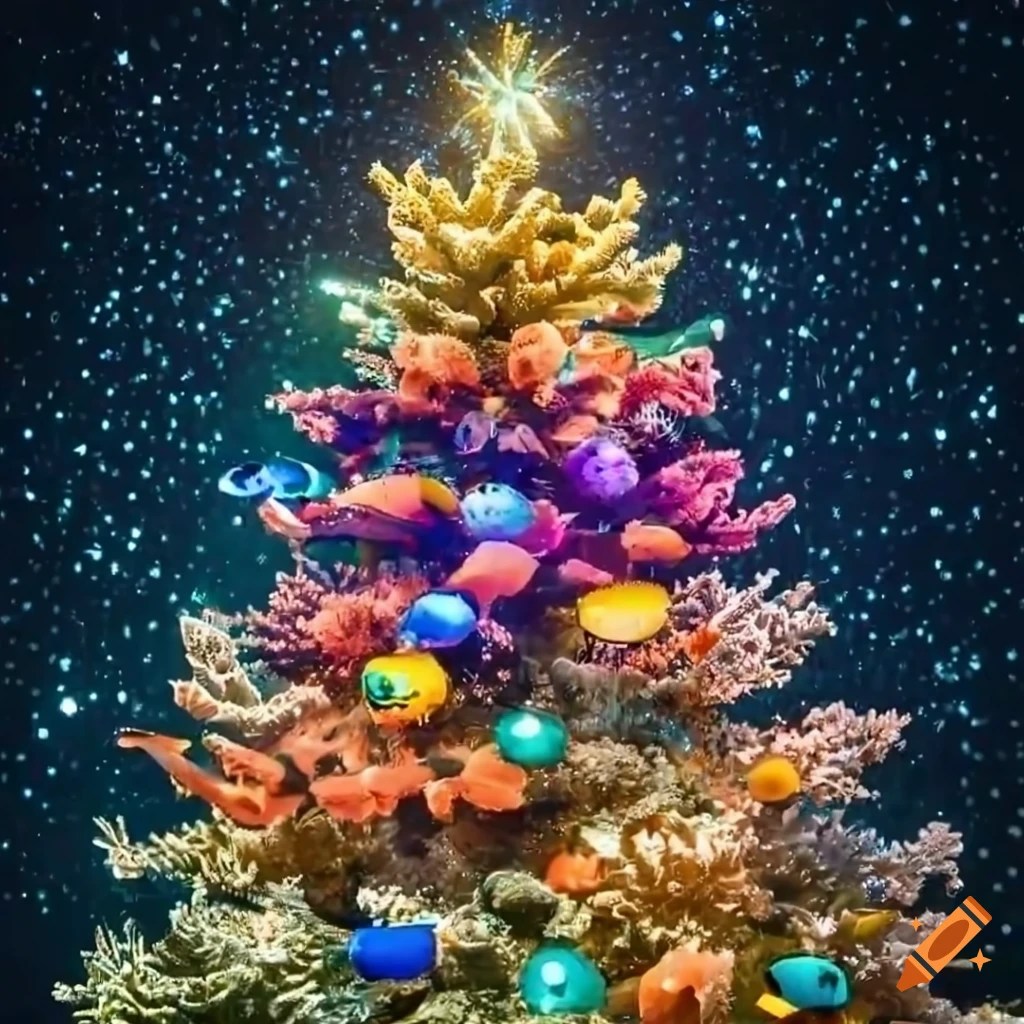 Adorable christmas tree with sparkling lights underwater surrounded by