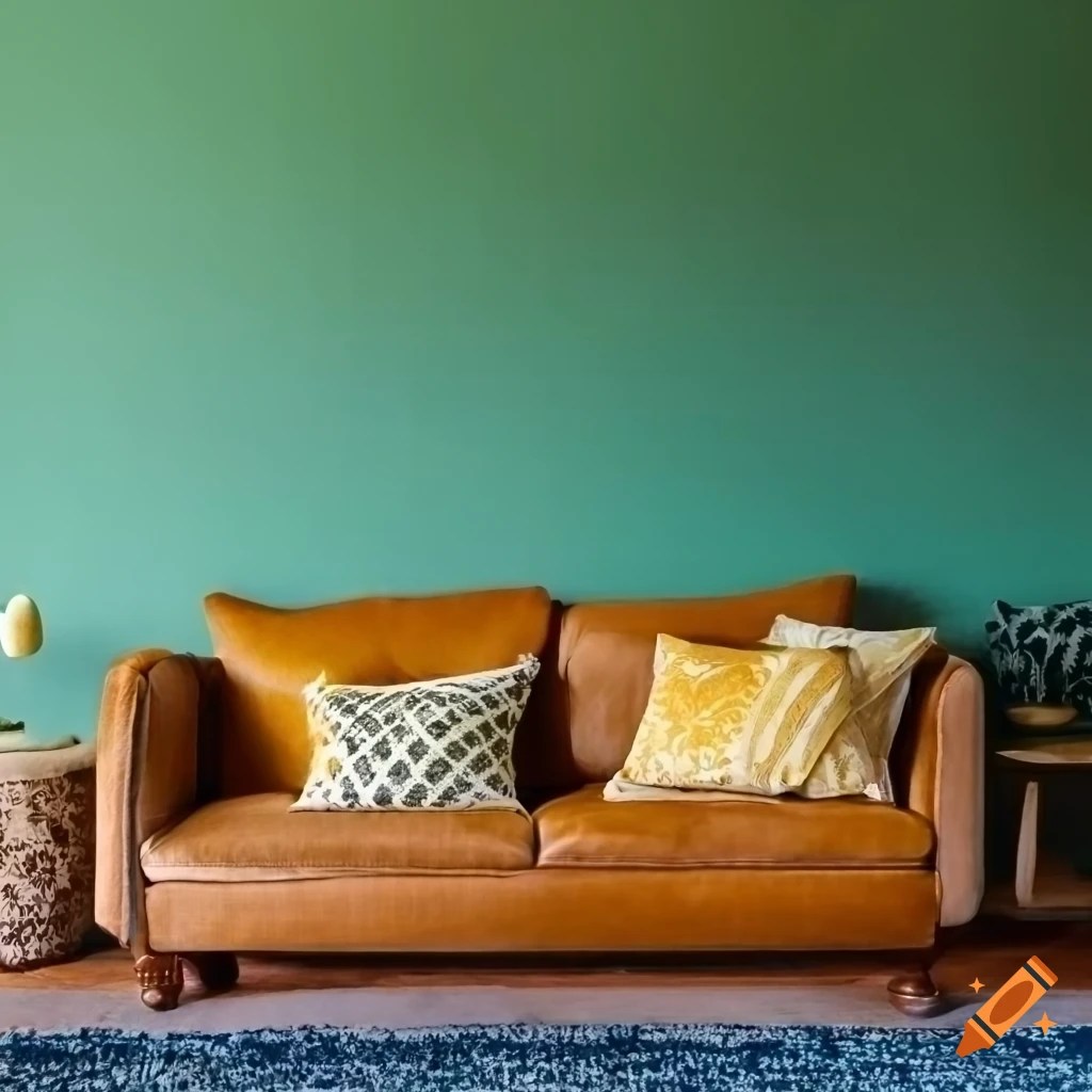 Russet kaki brown sofa with muted green wall, navy blue rug, and