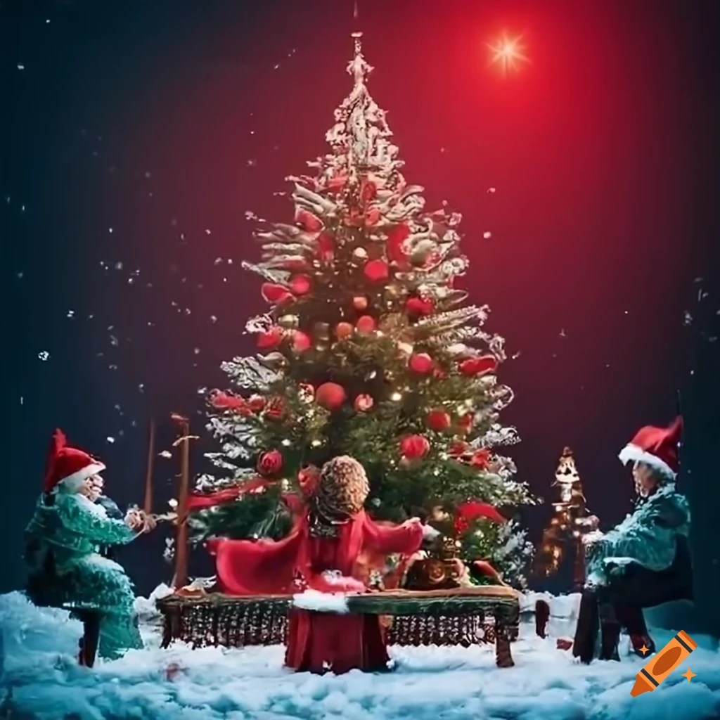 Christmas carol singers playing instruments under a red and green tree