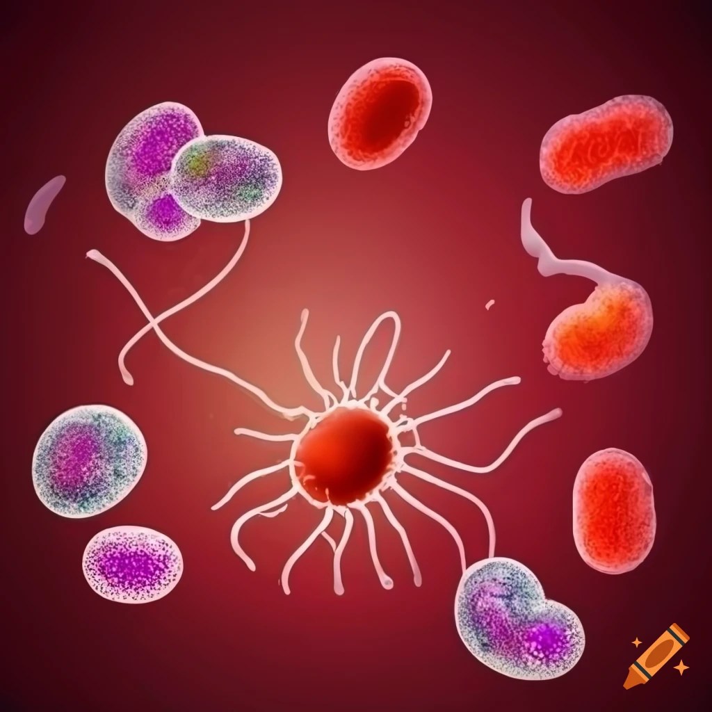 Illustration of various bacteria on a blood background on Craiyon