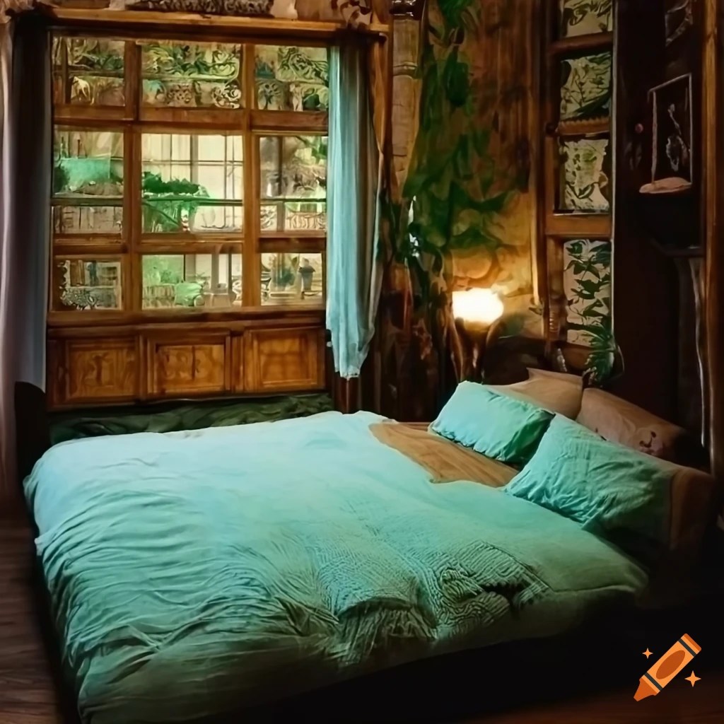 Rustic wooden bedroom with mint green and beige colors, adorned with