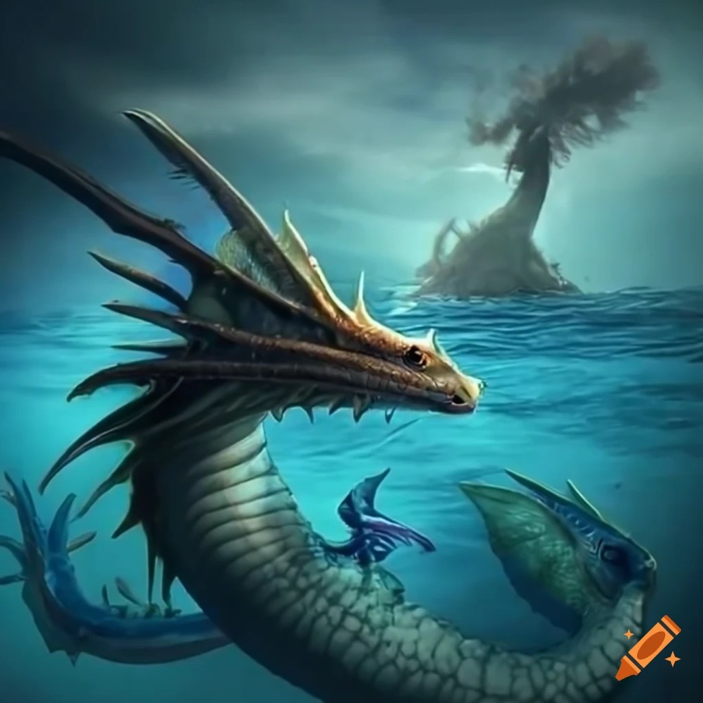 Giant sea dragon in battle on Craiyon