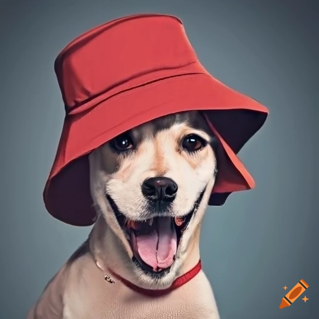 Dog wearing a red bucket hat on Craiyon