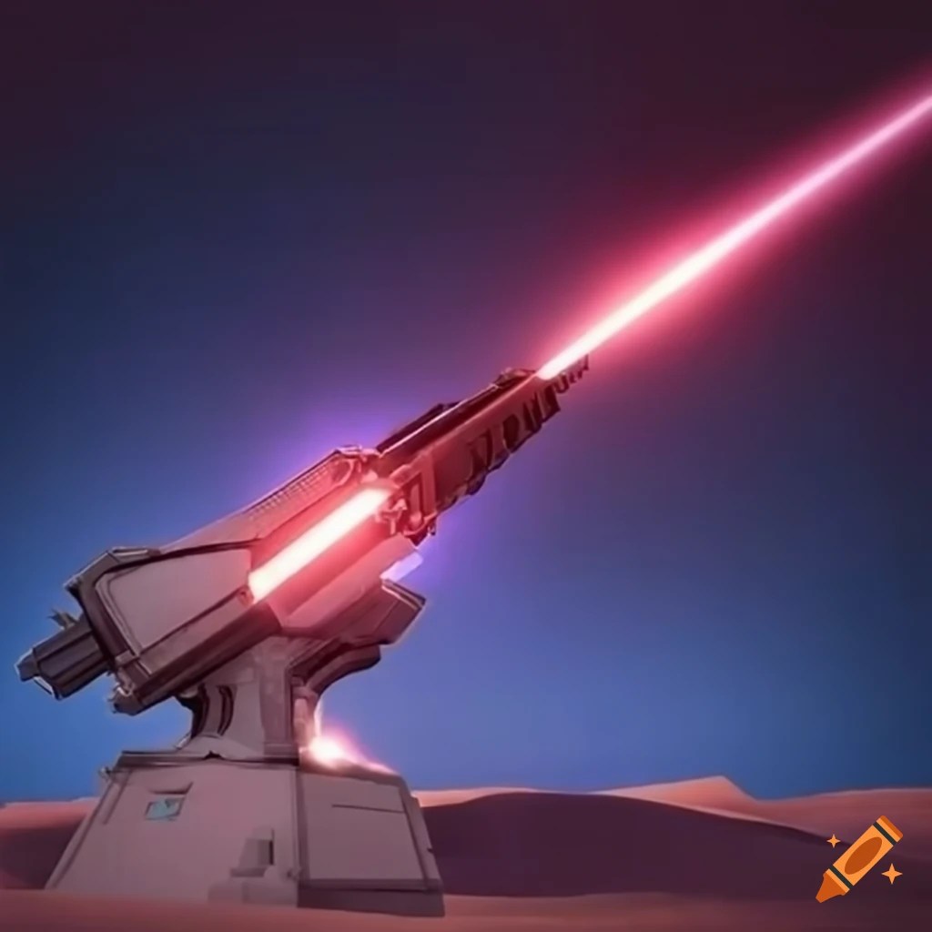 Futuristic laser cannon firing in the desert under daylight on Craiyon