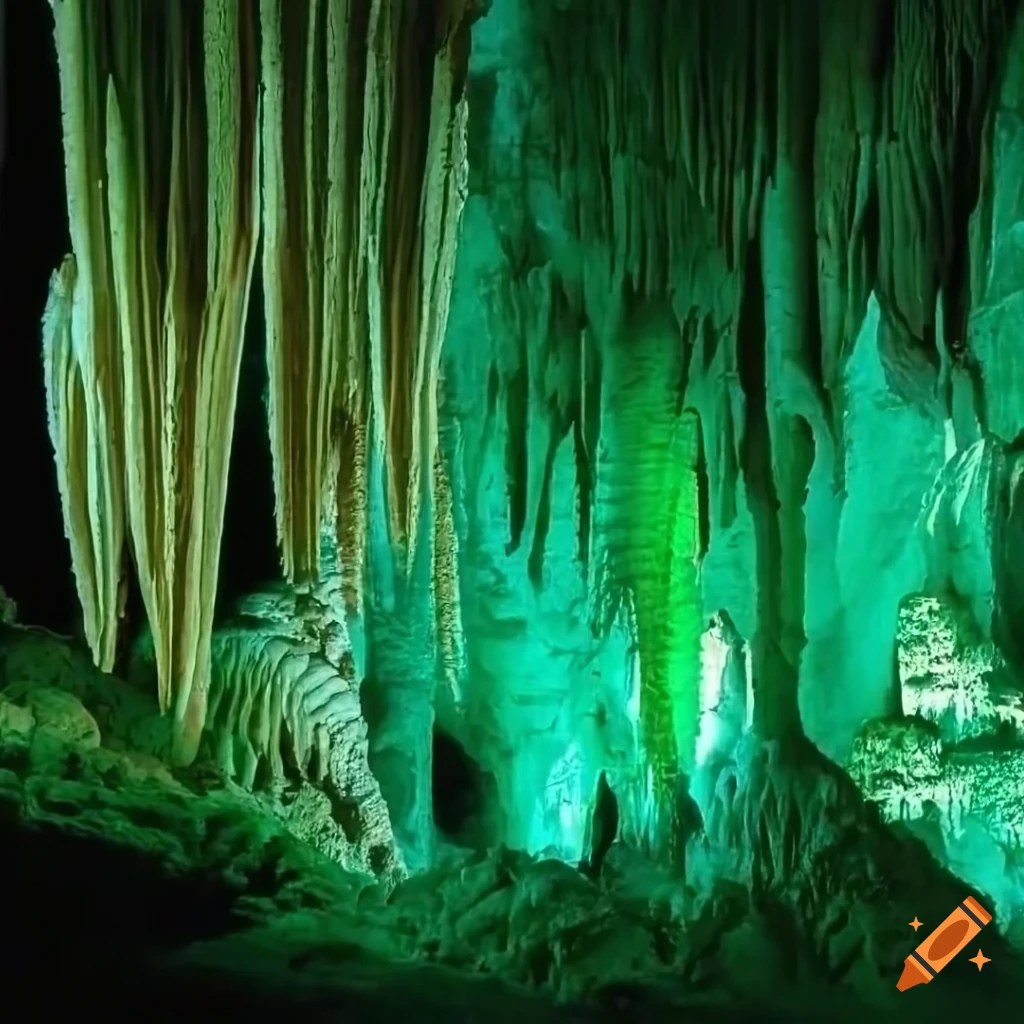 Cave filled with stalagmites and green torches on black walls on Craiyon