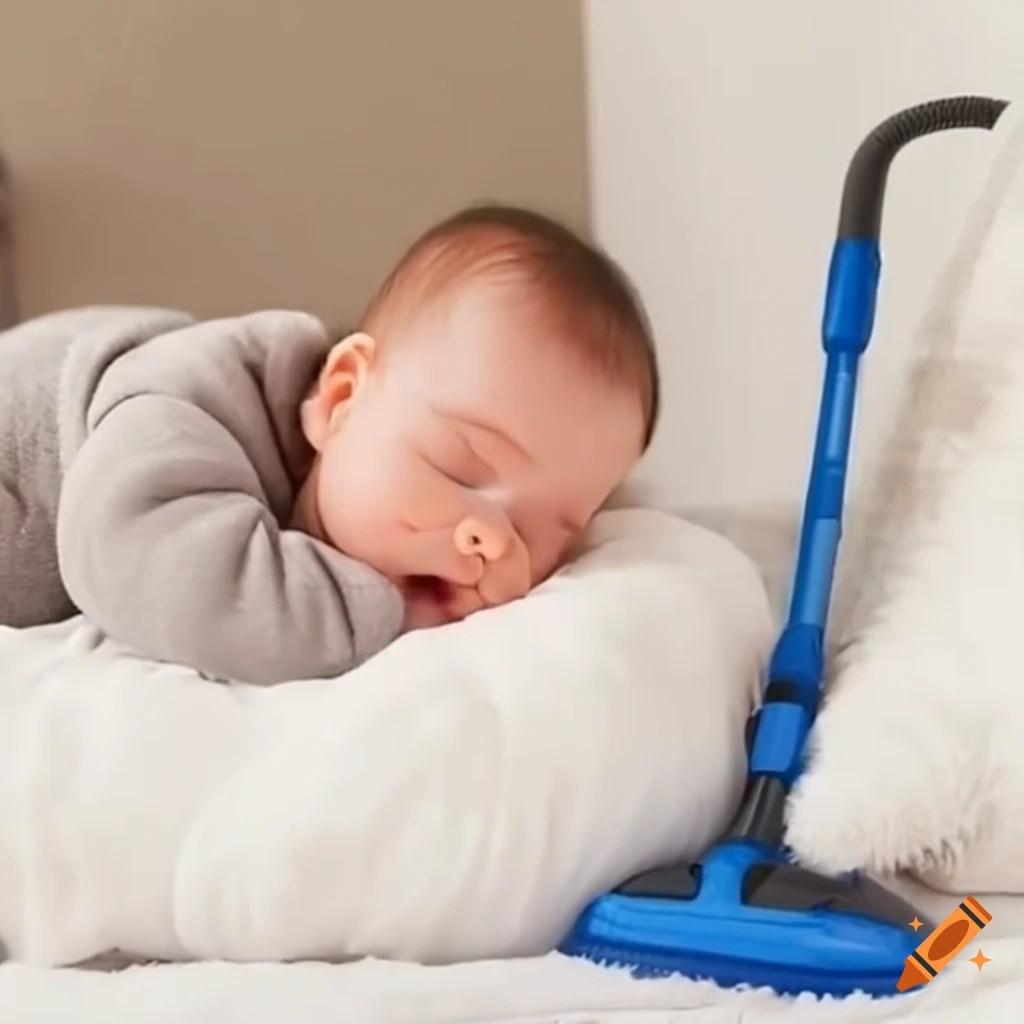 Cute baby sleeping near a vacuum cleaner on Craiyon