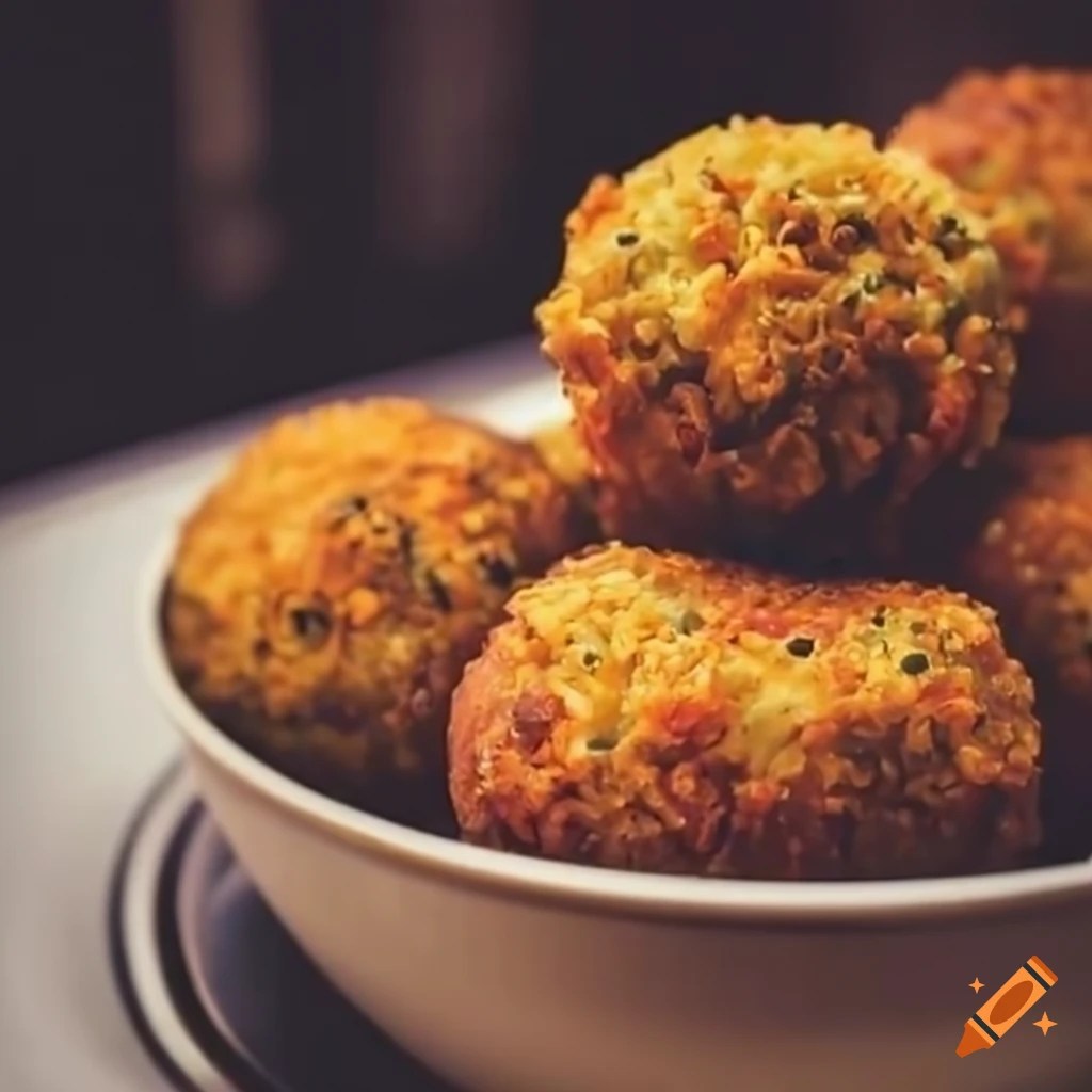 Bowl of fried veggie balls in a subway station on Craiyon