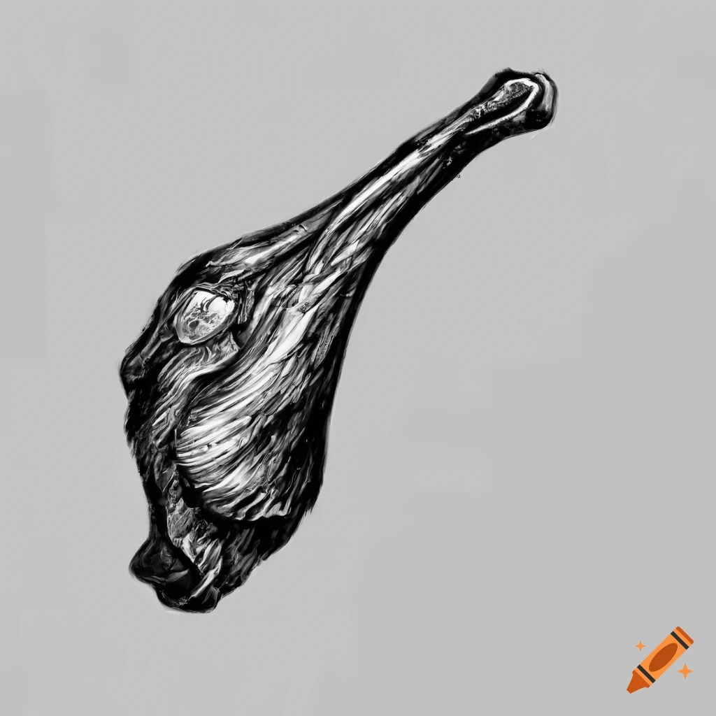 Barbecued lamb shank on plain white background in black and white on