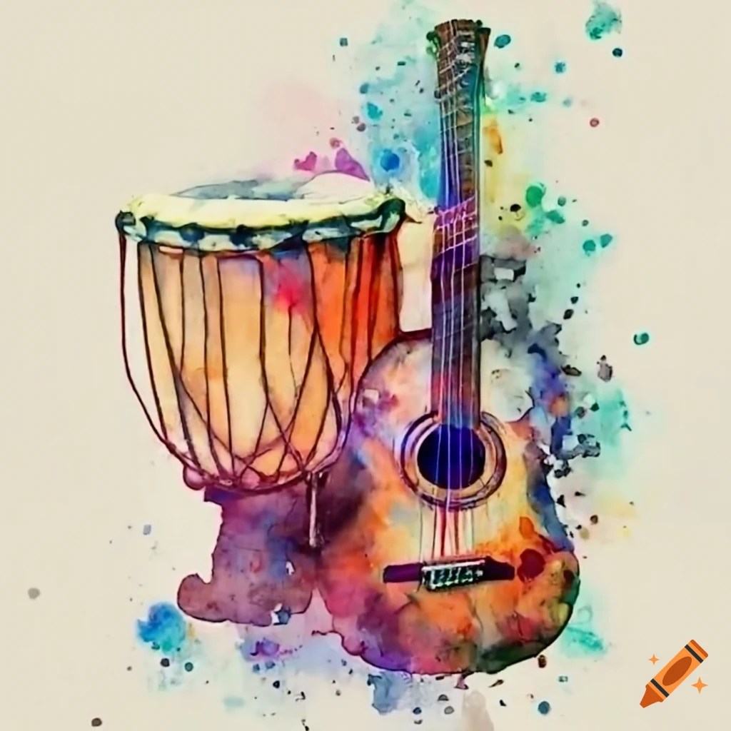 Guitar and djembe musical instruments on Craiyon