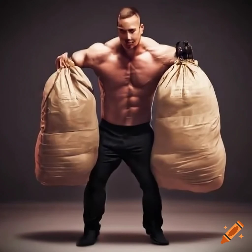 Muscular man lifting heavy bag of money on Craiyon