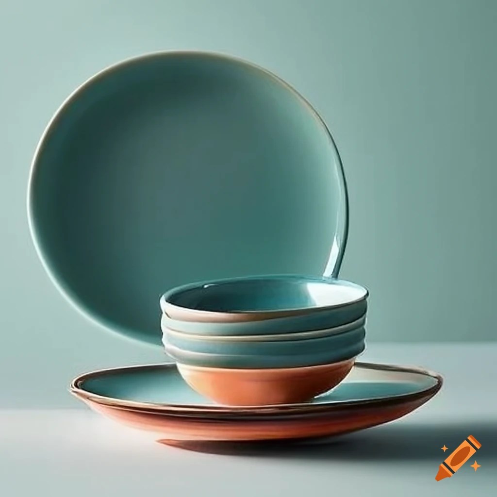 Ceramic kitchen cups, plates, and bowls on Craiyon