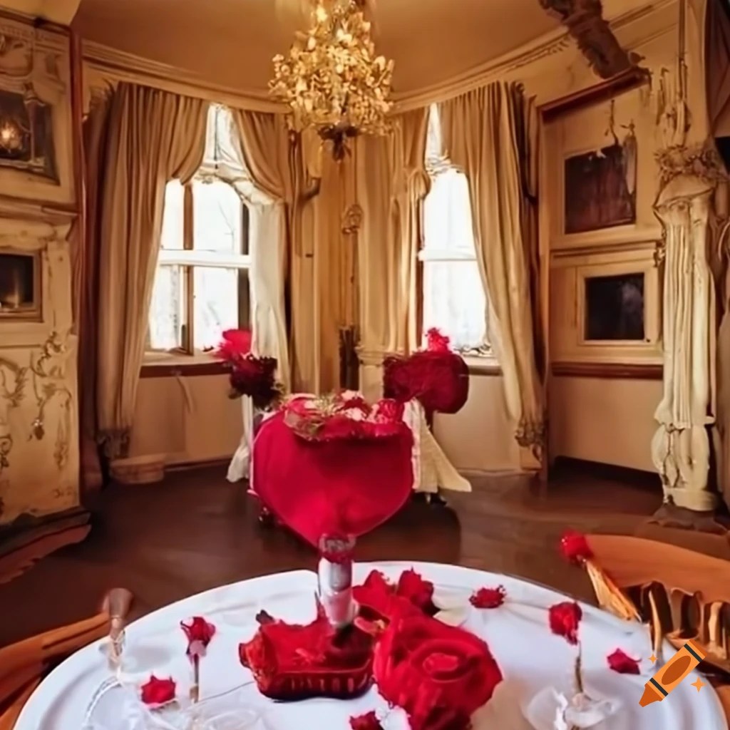 Castle bedroom with romantic valentine's day dinner setup on Craiyon