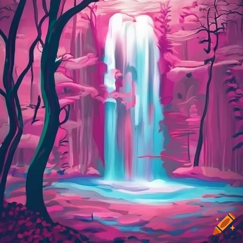 Pink forest with waterfall in a beautiful artistic illustration on Craiyon