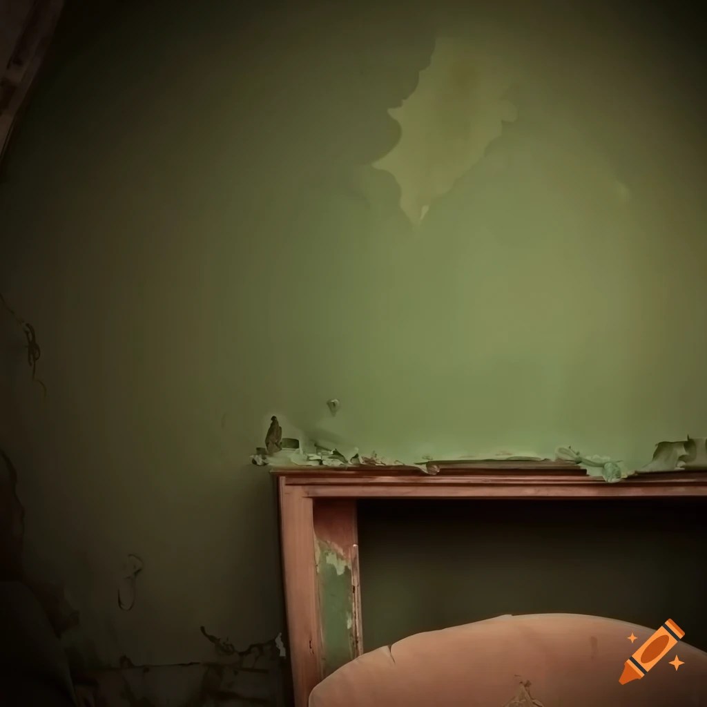 Abandoned ornate room with peeling paint leading to a dark office with