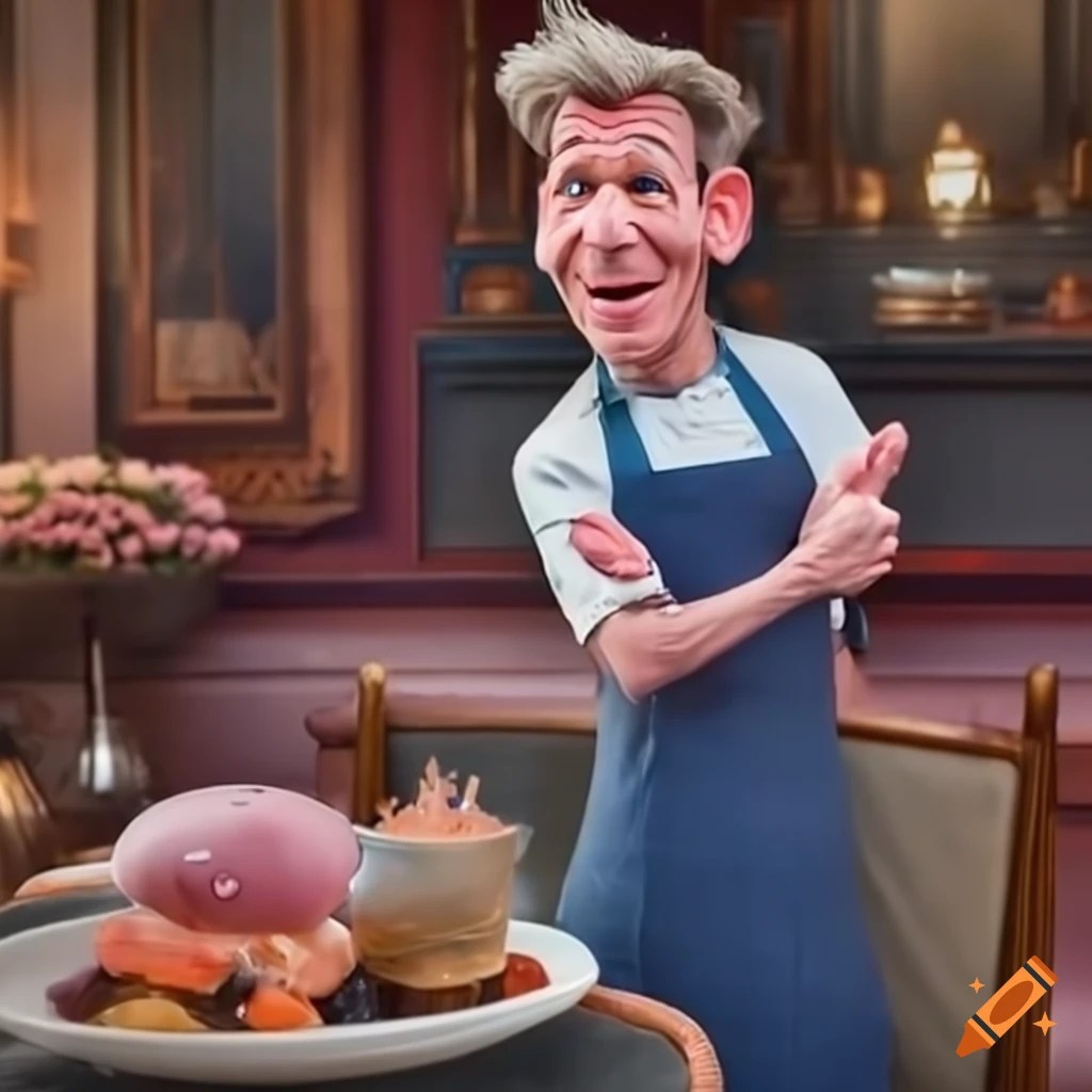 Chef Gordon Ramsay meeting Remy from Ratatouille on Craiyon