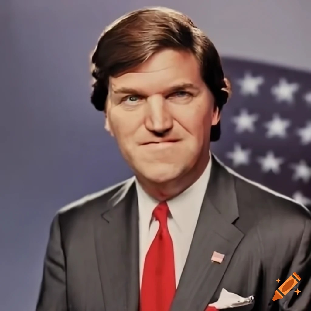 Portrait of tucker carlson with red tie and suit in front of american