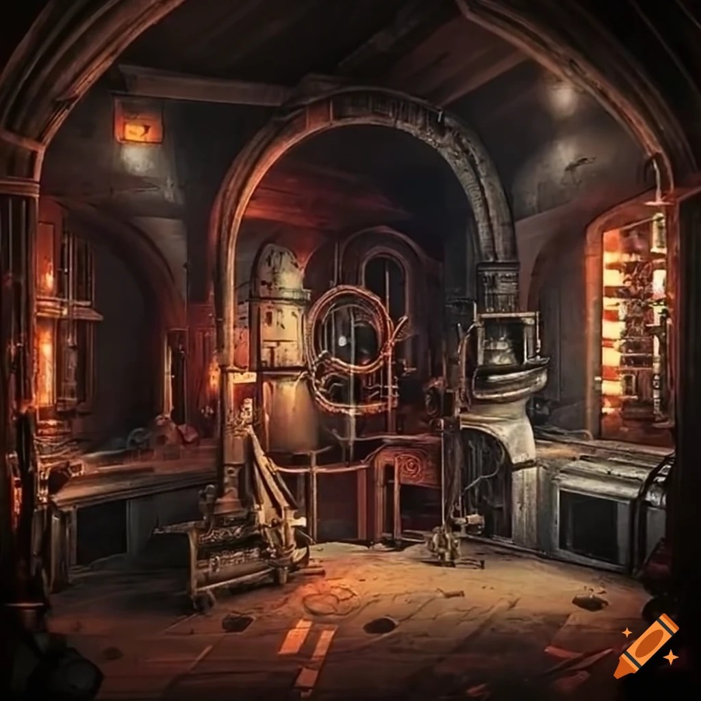 Steampunk engine room in a dimly lit vault on Craiyon