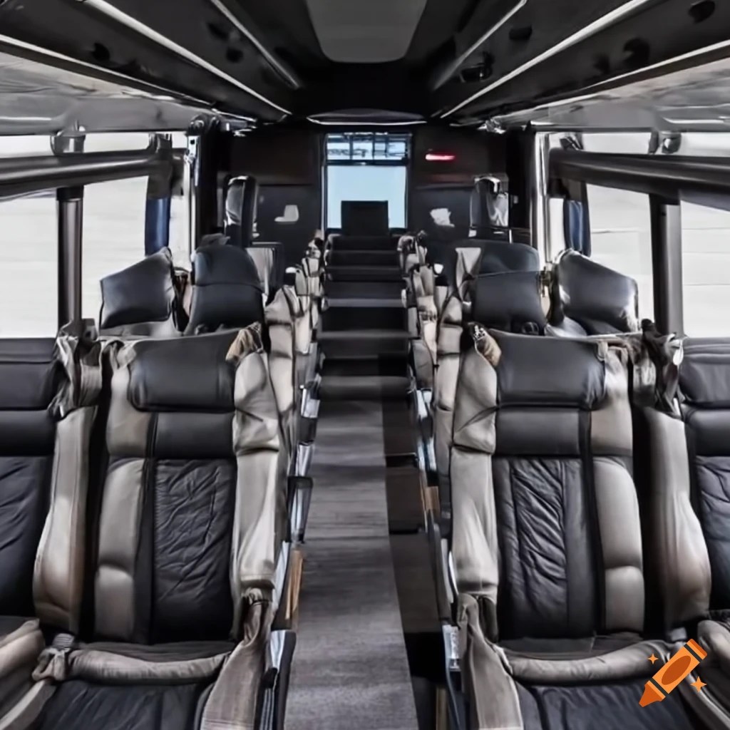 Charter bus floor setup for dining and sleeping on Craiyon