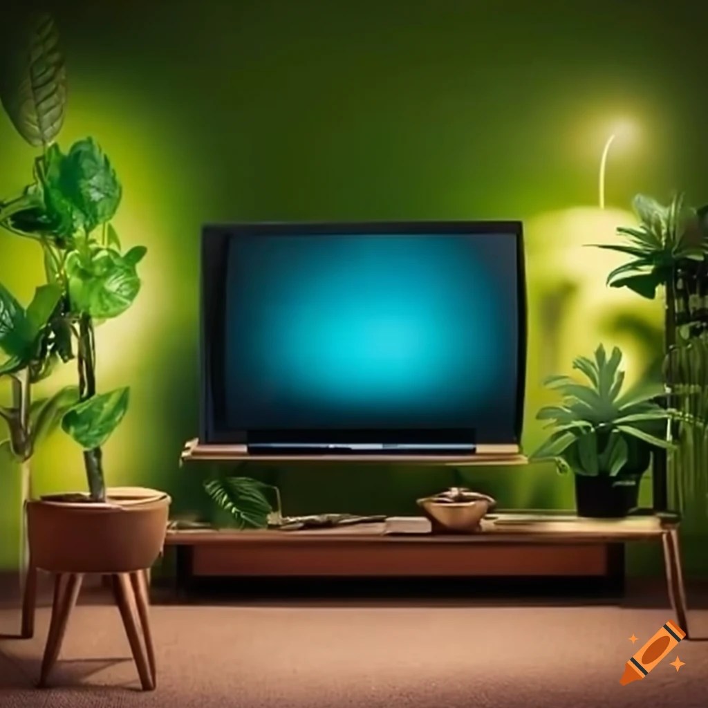 Large tv set on stand with plants on Craiyon