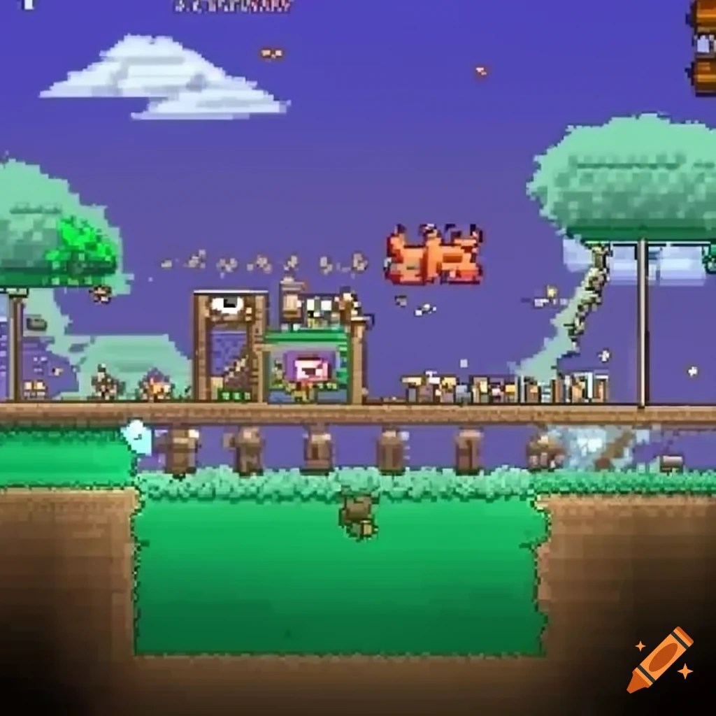 Terraria gameplay with random enemies spawning every ten seconds on Craiyon
