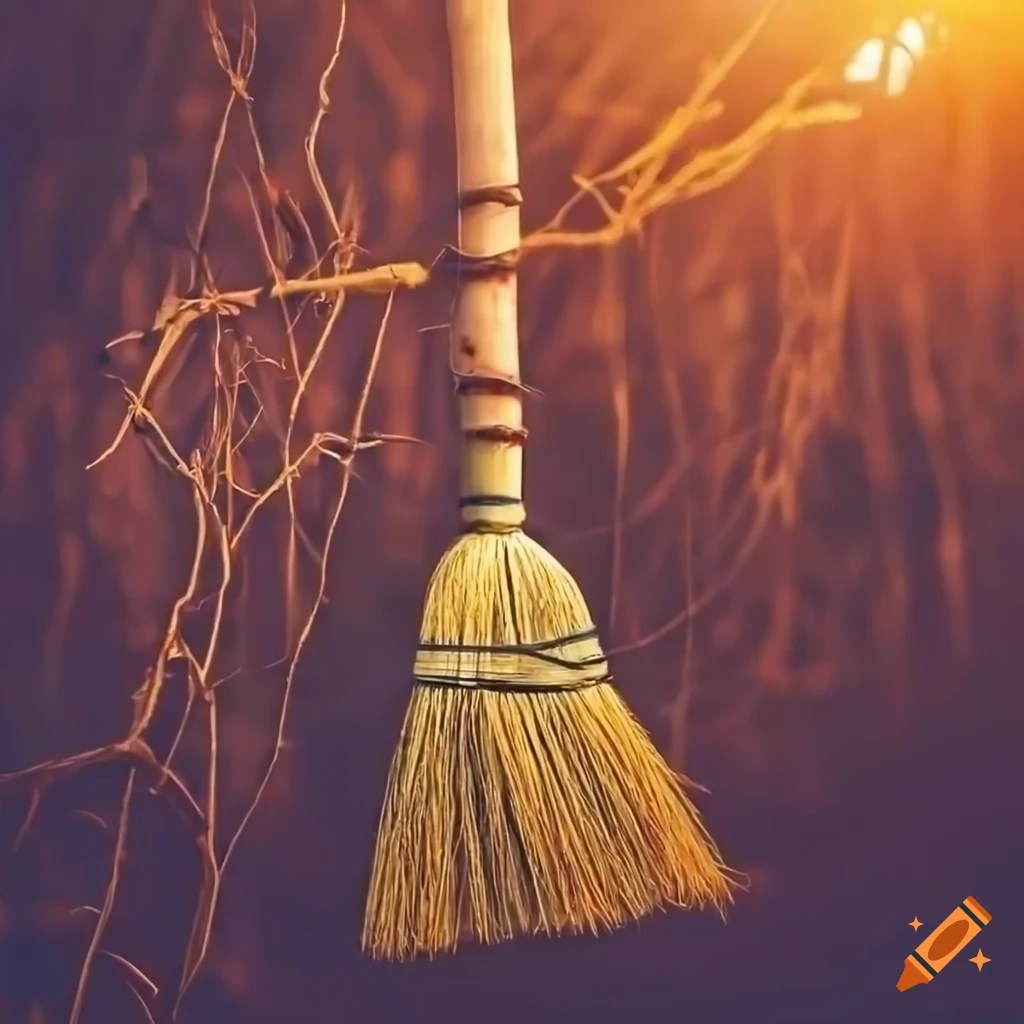 Traditional broom made of twigs and branches displayed at sunset on Craiyon