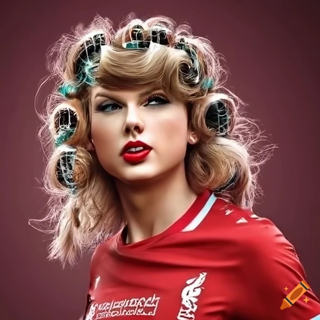 Taylor swift in liverpool soccer jersey with hair rollers on Craiyon