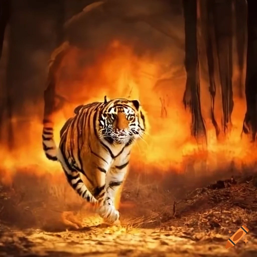 Fierce tiger ablaze running through a burning forest on Craiyon