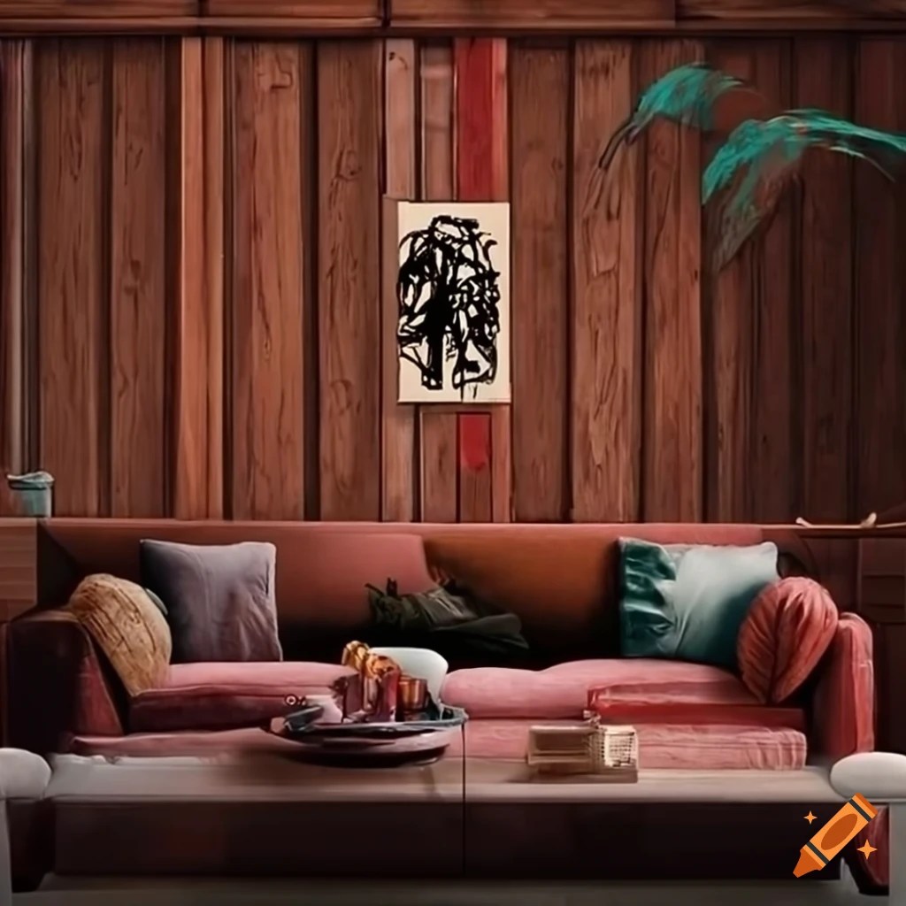 Realistic 80s decor in a cozy retro living room with mismatched