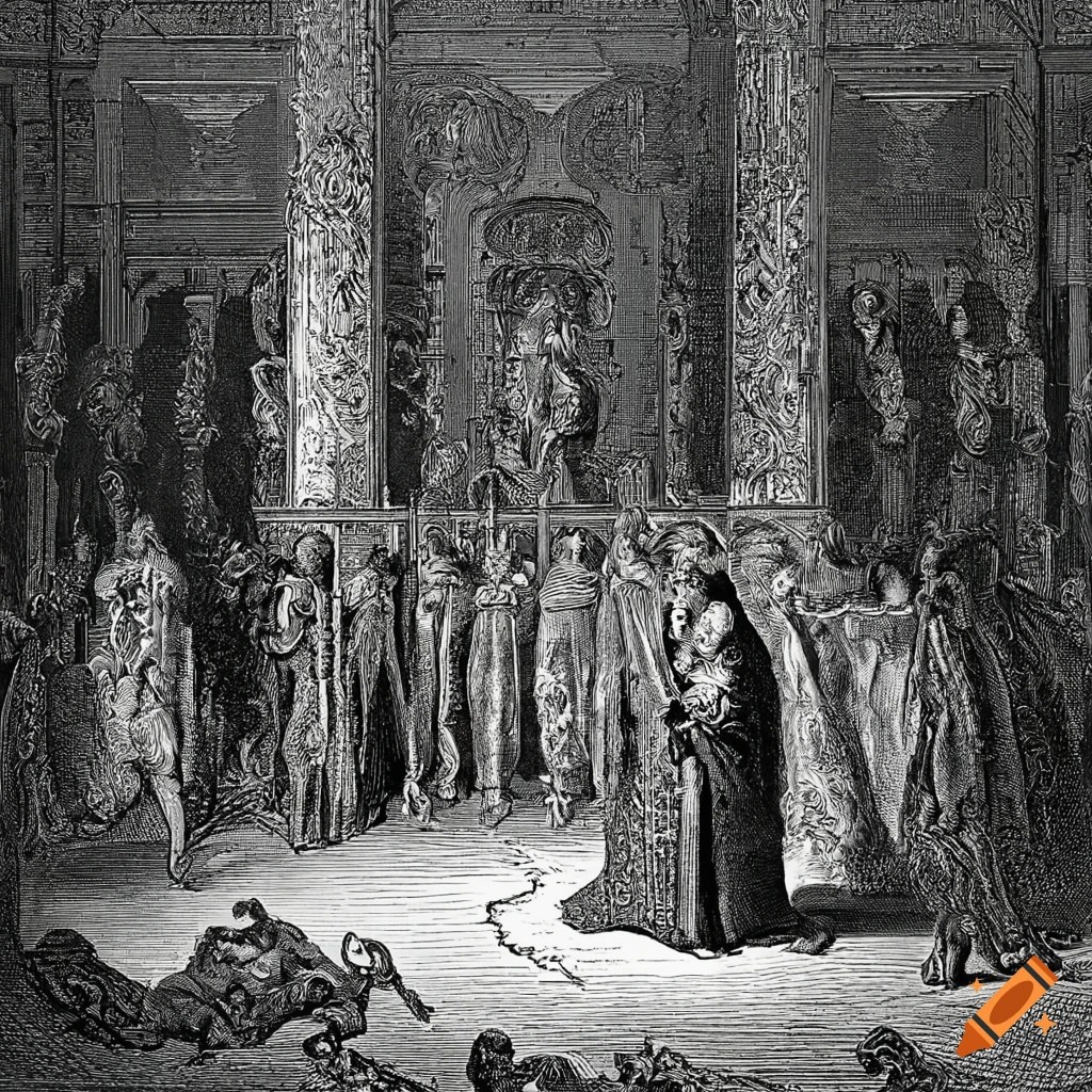 Monarch with loyal knights in a grand throne room, Gustave Dore