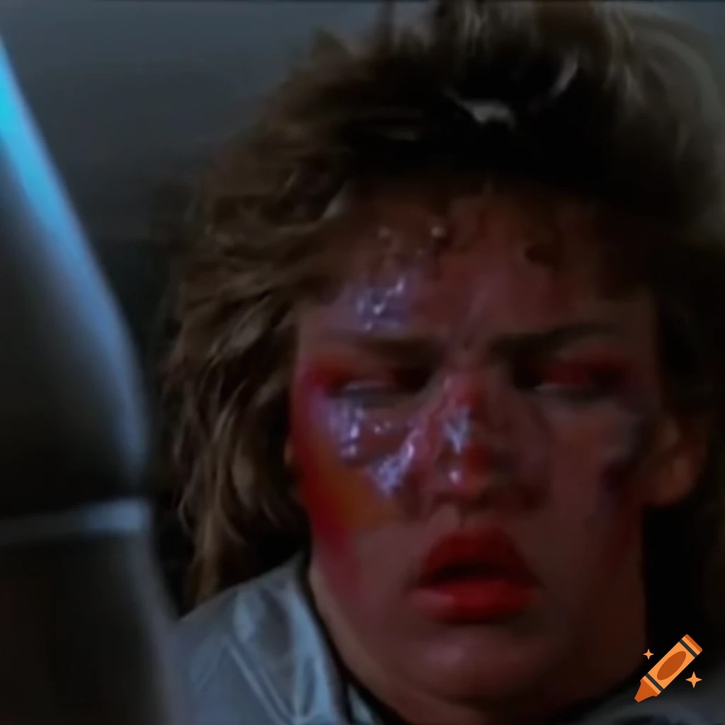 Emotive closeup of a dizzied and bruised blonde female fighter in an 80