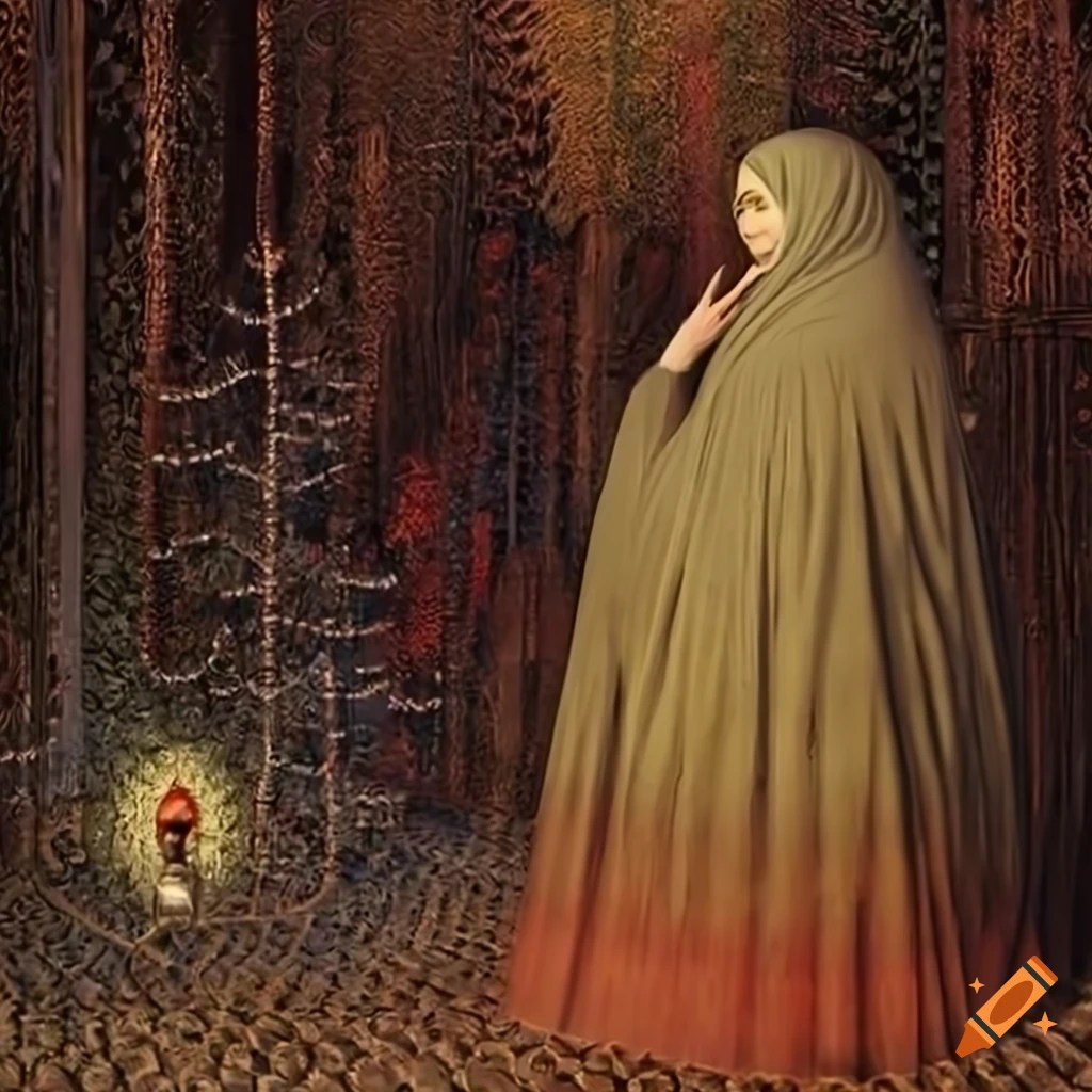 Intricate illustration of an islamic woman in a full burka decorating a