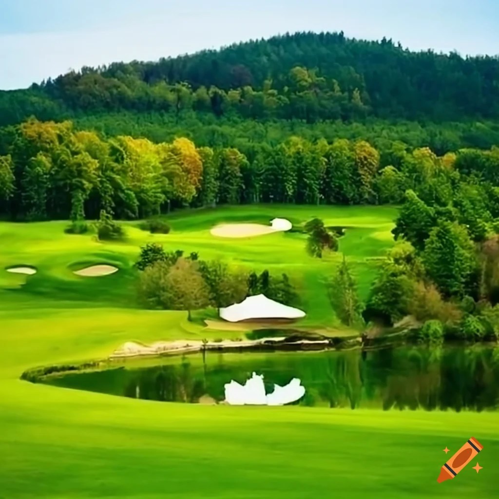 Lush green golf course with rolling hills and a clubhouse on Craiyon