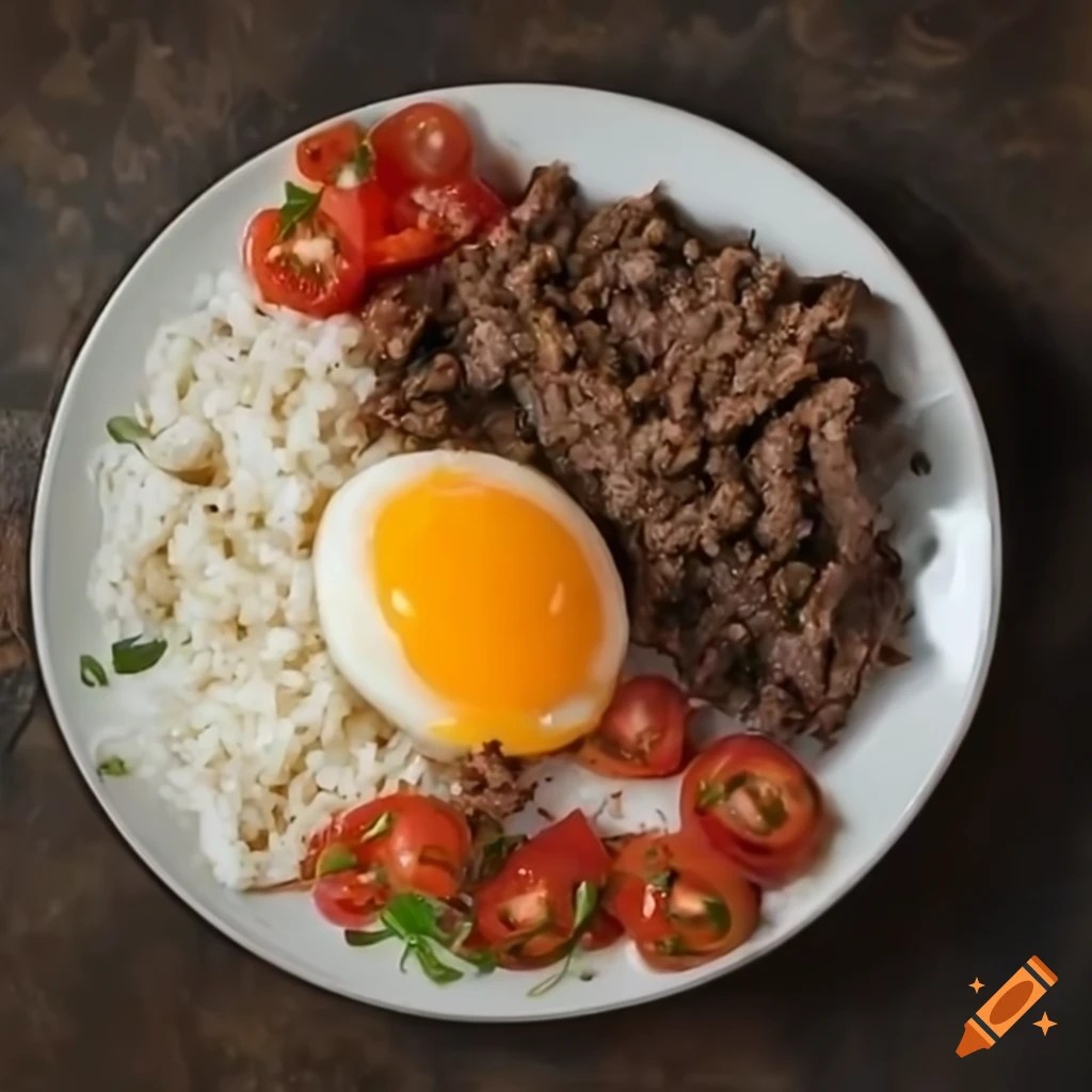 Plate of filipino dish tapsilog with beef tapa, white rice, sunny side up egg, and tomatoes on